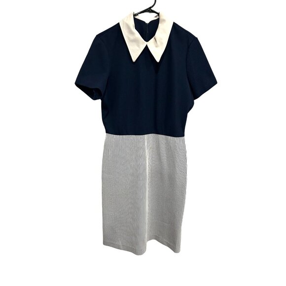 Vintage Collared Polo Dress Navy White Short Sleeve Striped Skirt Nautical Prep - Picture 1 of 9